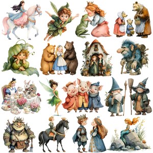 Op de afbeelding: Waterverfillustraties van sprookjesfiguren, waaronder een prinses op een paard, een fee, een gekuste kikker, beren, Alice in Wonderland, varkens, een tovenaar en een trol. De afbeeldingen zijn kleurrijk en grillig.