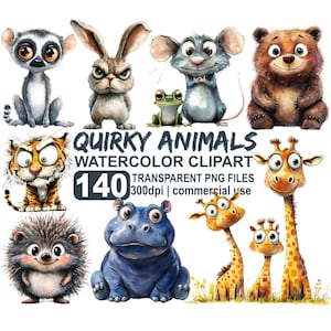 Paquete de imágenes prediseñadas de animales extravagantes, animales caprichosos en acuarela png, animales divertidos, animales png, descarga instantánea de png transparente, uso comercial
