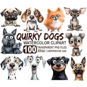 Watercolor Quirky Dogs Clipart Bundle, Whimsical Dogs png, Funny Dogs Clipart, 300 dpi Transparent PNG, Instant Download, Commercial Use