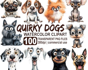 Watercolor Quirky Dogs Clipart Bundle, Whimsical Dogs png, Funny Dogs Clipart, 300 dpi Transparent PNG, Instant Download, Commercial Use