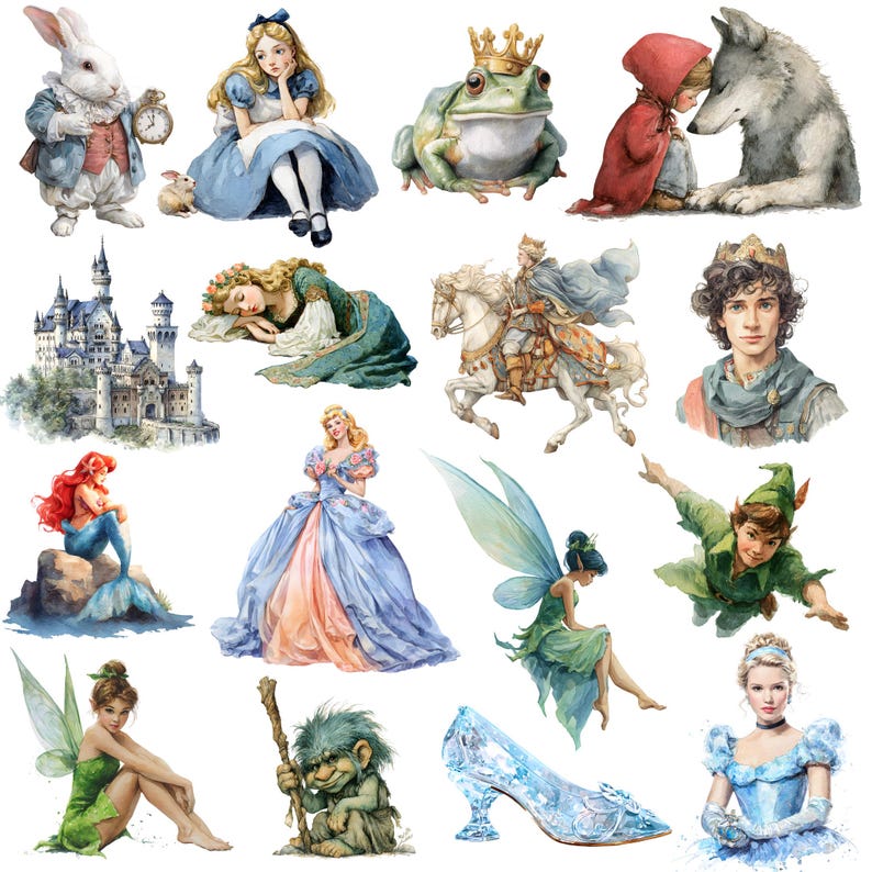 Op de afbeelding: Waterverfillustraties van sprookjesfiguren, waaronder Alice in Wonderland, een kikkerprins, Roodkapje, een prinses, een prins, een zeemeermin, een fee, Assepoester en meer. De afbeeldingen zijn kleurrijk en grillig.