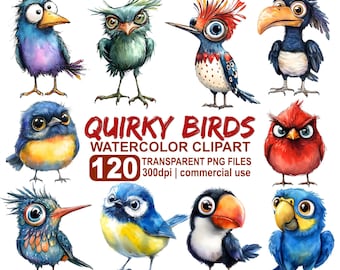 120 Watercolor Quirky Birds Clipart Bundle, Whimsical Birds png, Funny Birds Clipart, Crazy Bird png, Transparent  png, Commercial Use