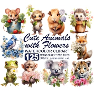 Pacote de clipart com desconto para pára-choques 125 animais fofos em aquarela com clipart de flores, decoração de berçário, download instantâneo de chá de bebê, uso comercial