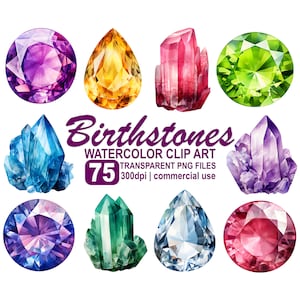 Birthstone Clipart acuarela cumpleaños piedras preciosas, imágenes prediseñadas de cristal, piedras de nacimiento, uso comercial 300 dpi PNG transparente descarga instantánea