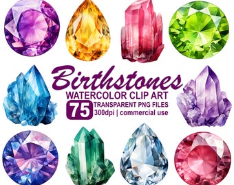 Birthstone Clipart Watercolor Birthday Gemstones, crystal clipart, birth stones, commercial use 300 dpi transparent PNG instant download