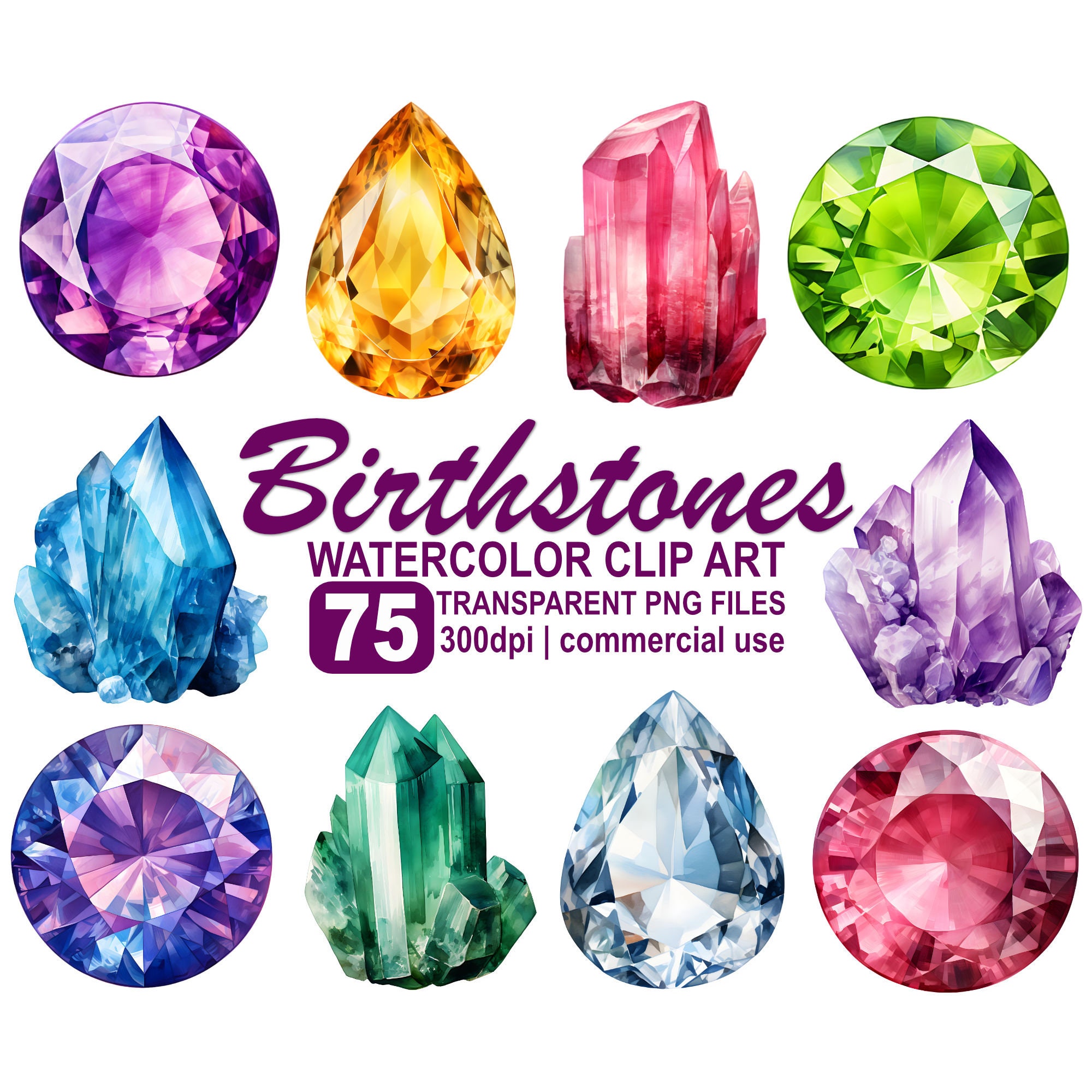 Birthstone Clipart Watercolor Birthday Gemstones, crystal clipart, birth stones, commercial use 300 dpi transparent PNG instant download