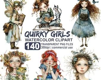 Op de afbeelding: Een set van 140 aquarel-clipart afbeeldingen met grillige meisjes met verschillende accessoires en dieren. De afbeeldingen zijn 300 dpi en geschikt voor commercieel gebruik. De tekst "Quirky Girls Watercolor Clipart" wordt in het midden van de afbeelding weergegeven.