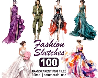 Fashion Sketches Clipart Bundle 100 Images of Fashion Sketching png model, 300 dpi transparent PNG graphics instant download, commercial use