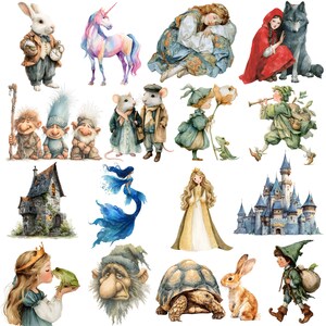 Op de afbeelding: Waterverfillustraties van sprookjesfiguren, waaronder een konijn in een vest, een eenhoorn, Roodkapje met een wolf, trollen, muizen, een zeemeermin, een prinses, een kasteel en een kikker.