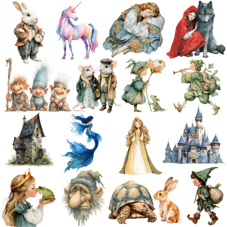 Op de afbeelding: Waterverfillustraties van sprookjesfiguren, waaronder een konijn in een vest, een eenhoorn, Roodkapje met een wolf, trollen, muizen, een zeemeermin, een prinses, een kasteel en een kikker.