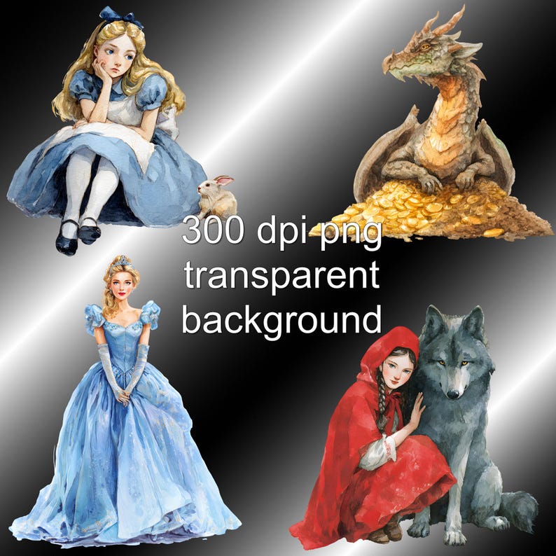 Op de afbeelding: Waterverfillustraties van fantasiefiguren, waaronder Alice in Wonderland, een draak op een stapel goud, een prinses en Roodkapje met een wolf. De afbeelding bevat de tekst "300 dpi png transparante achtergrond."