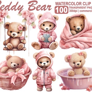 Clipart ours en peluche rose pour fille ours baby shower clipart, art aquarelle pour chambre d'enfant, art mignon nounours, PNG transparent 300 dpi, usage commercial