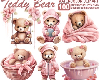 Pink Teddy Bear Clipart for girl bear baby shower clipart, watercolor nursery art, cute teddy art, 300 dpi transparent PNG, commercial use