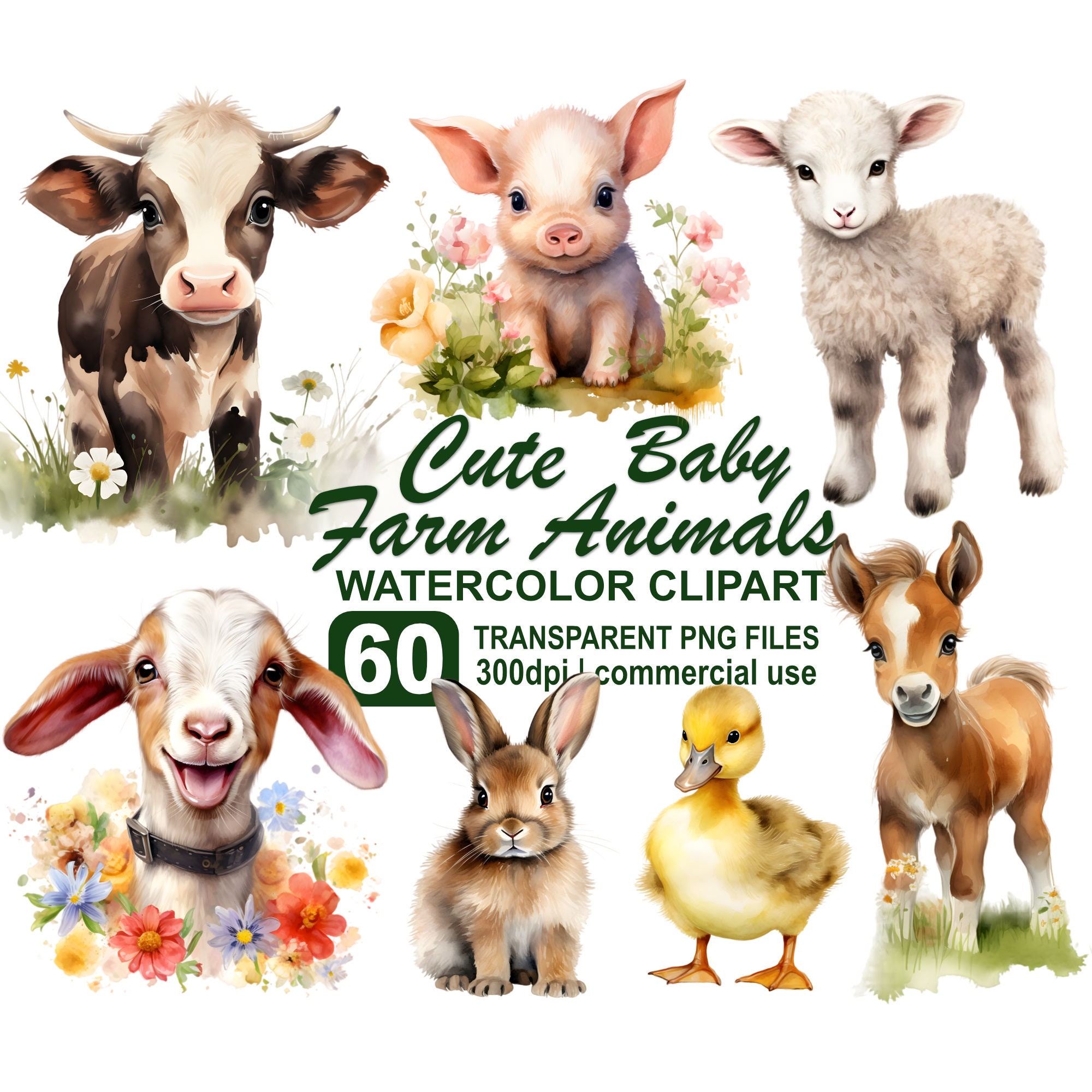 Cute Baby Farm Animals Clipart, Nursery Art, Cute Animals Baby Shower ...