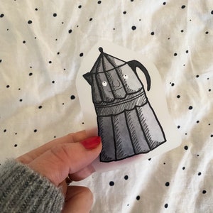 Könnte beinhalten: Eine Schwarzweißillustration einer Kaffeekanne mit einem lächelnden Gesicht. Die Kaffeekanne hat eine abgerundete Oberseite und einen Ausguss an der Seite. Die Illustration ist auf weißem Hintergrund gezeichnet.