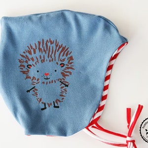 May include: A light blue baby bonnet featuring a cartoon hedgehog design. The bonnet has a red and white striped trim and ties. The hedgehog has brown quills, black feet, and a red heart-shaped nose.