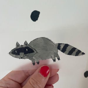 Op de afbeelding: Een handgetekend illustraties van een wasbeer met een grijs lichaam, zwarte ogen en een zwart-wit gestreepte staart.