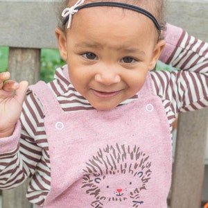 May include: A child wearing a pink dungaree dress featuring a hedgehog design, paired with a striped top. The child has a black headband with a white bow.