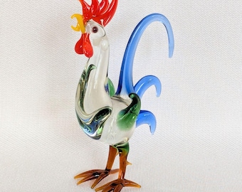 Vintage glass rooster figurine, colorful art glass, glass rooster, animal figurine, glass bird figurine, hand-shaped, collector's item, decoration, 1970s