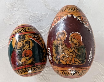 Eastern European wooden egg set, hand-painted and lacquered, vintage decorative eggs, folk art icon, Holy Family, Mary, Joseph, Jesus