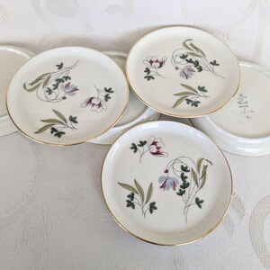 May include: Set of small, white ceramic plates with a gold rim. Each plate features a floral design with purple, blue, and green accents. The plates are arranged on a white surface, showcasing their delicate details and vintage aesthetic.