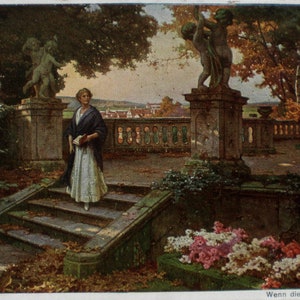 Künstlerkarte um 1920 Wenn die Blätter fallen... Postkarte Menzler Vintagekarte Park Herbst