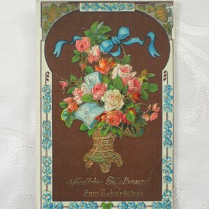 Carte postale vintage d'anniversaire, carte de vœux, roses d'anniversaire, myosotis