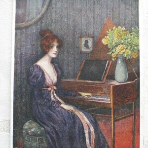 Carte d'artiste 1920 épinette jeune femme bouquet de roses Heinrich Heine carte postale disant carte