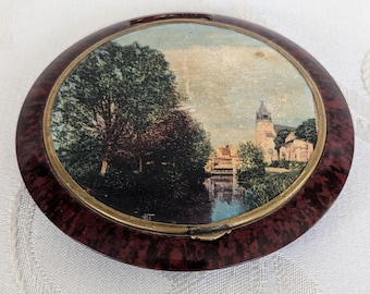 Vintage Puderdose Bakelit Frankreich rund mit Spiegel ohne Inhalt Landschaftsmotiv Messing Art Deco Kosmetikdose Made in France