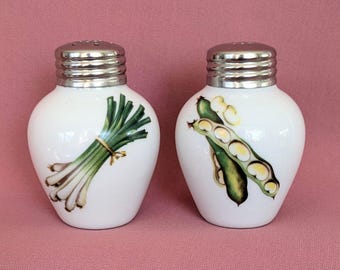 Vintage Salt & Pepper Shaker Set, Porcelain, Vegetable Decor (Radishes & Beans), Metal Lids, Retro Kitchen, 1970s