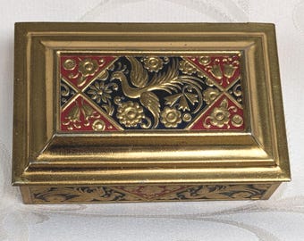 Vintage metal jewelry box with phoenix motif, red textile lining, floral decoration, small metal jewelry box, gold-colored