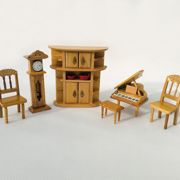 Dollhouse furniture, living room, 6 pieces dollhouse miniature furniture 1:12 chairs grand piano cabinet grandfather clock