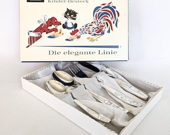 WENZ 100 children's cutlery set, used, 1960s, 4 pieces, silver-plated, animal motifs, ESM original box, vintage