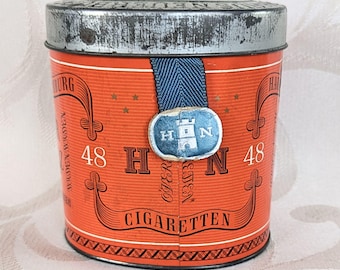 Overstolz metal cigarette case, Haus Neuerburg Cologne, 48 cigarettes, vintage tobacco tin with pull-tab mechanism, advertising, collector's item