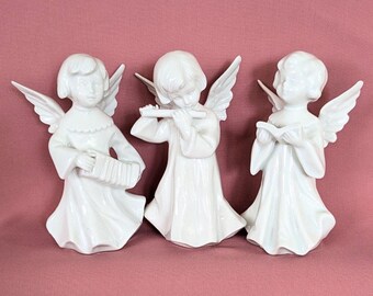 3 Porcelain Angels Vintage Angel Choir with Flute Accordion Songbook White Angel Figurines Christmas Decoration