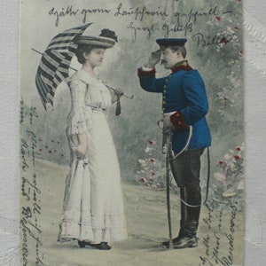 Karta zabytkowa z 1904 r., mundur rozpoznawczy Universal Postal Union, parasol