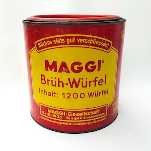 Vintage blik Maggi metalen blik met kartonnen banderol bouillonblokjes 1200 blokjes verzamelblik reclame decoratie keuken