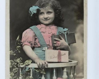 Bonne Année Fotopostkarte um 1900 Neujahrskarte Postkarte Vintagekarte Mädchen Geschenk Geschenke