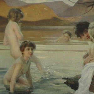 Cartão de artista banhistas por volta de 1910 Paul Chabas cartão postal vintage cartão de banho lago