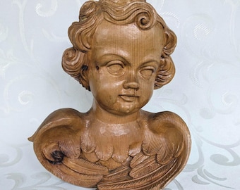 Carved wooden angel head, sacred folk art, antique wooden sculpture, angel bust, religious decoration, vintage breast feathers, cherub