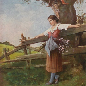 Künstlerkarte 1915 Postkarte Vintagekarte Tracht junge Frau Mädchen Weidezaun