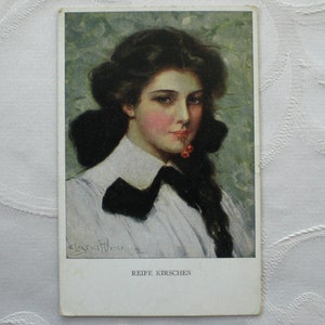 Carte vintage Munk Vienne Cerises mûres Jeune femme Fille Dame