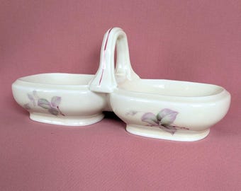 Porcelain serving bowl with 2 compartments and handle, Zeh Scherzer Bavaria vintage style, floral design, double bowl, confectionery, spices, jewelry tray