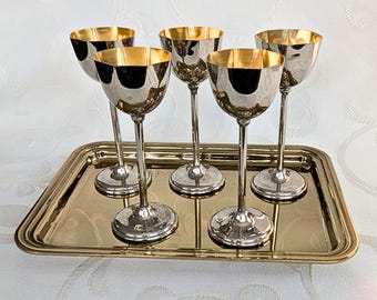 Vintage Likörbecher Set mit Tablett BBI Iserlohn 5 Schnapsgläser versilbert innen vergoldet Mid Century Bar Zubehör Serviertablett