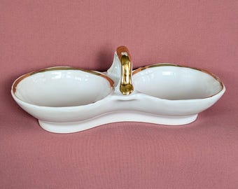 Porcelain double bowl with gold rim and handle RFH Chodau | Antique serving bowl with 2 compartments | Candy, spices, jewelry tray