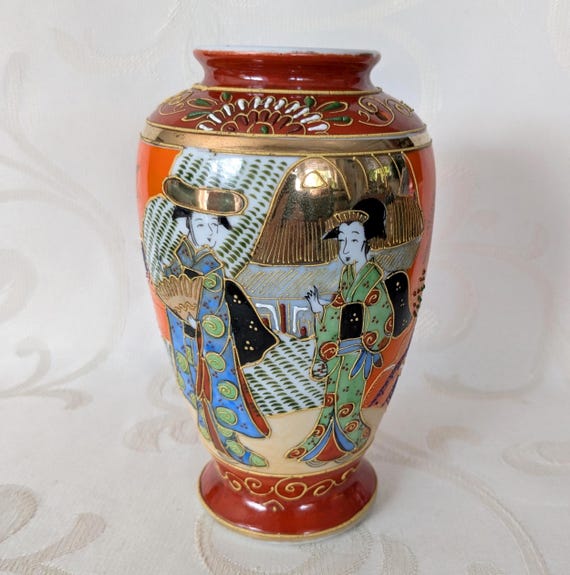 ヴィンテージの日本製磁器花瓶、薩摩焼風、手描きの生け花 - Etsy 日本