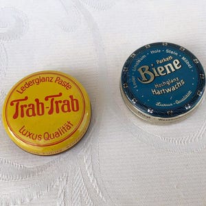 Stare metalowe puszki, twardy wosk, pasta do nabłyszczania skóry, puszki na próbki, małe pudełka blaszane, Trab, Trab, parkiet, pszczoła