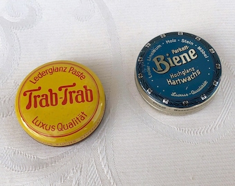 Vintage metal tins, hard wax, leather shine paste, sample tins, small tin boxes, Trab, Trab, parquet, bee