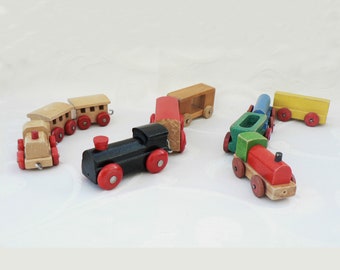 Old wooden toy 3 locomotives with wagons wooden train wooden locomotive railway