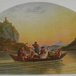 Cartão vintage cruzando o Elba em Schreckenstein cartão postal artista cartão postal barco a remo